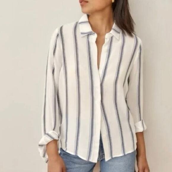 Reformation Violet Long Sleeve Striped Button Down Blouse - Blue + White - Sz L - Picture 1 of 7